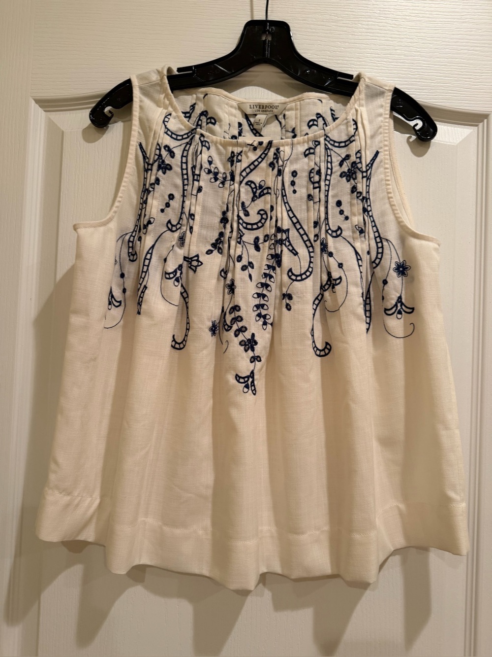 Liverpool Cream Embroidered Sleeveless Top with Navy Detail